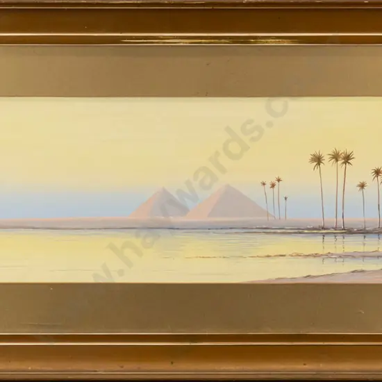 H Wilson - framed watercolour - pyramid scene H-140 W-500 (framing needs attention)