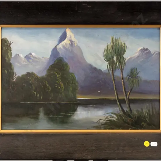 framed colonial oil on board - lake & mountain scene H-280 W-430