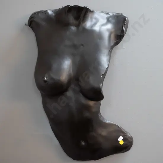 wall hanging female torso - incised "Aphrodite" on back, label from Laughing Museum Christchurch H-530 W-320