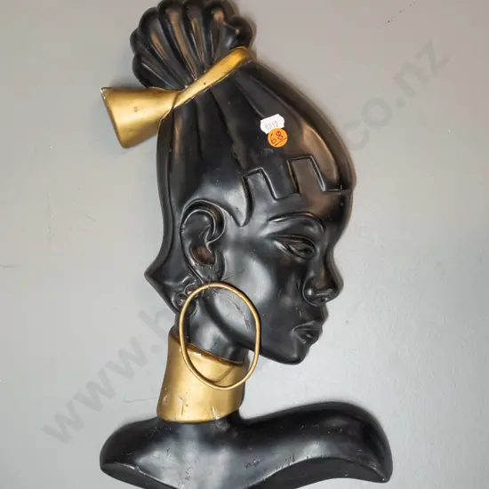 black and gold painted wall hanging silhouette - some chips, earring bent and reattached H-400 W-240