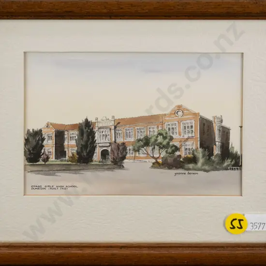 framed Yvonne Benson hand coloured print - Otago Girls High School H-95 W-140