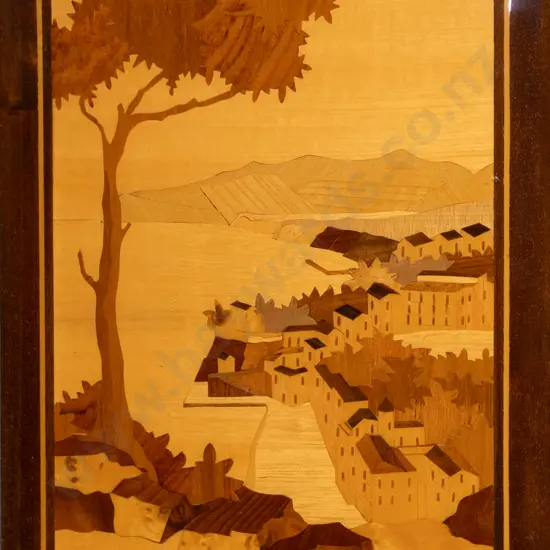 wooden marquetry artwork - village by water H-300 W-240