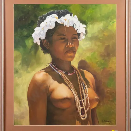 J Young - framed oil - female portrait H-600 W-500 (framing needs attention, no glass)