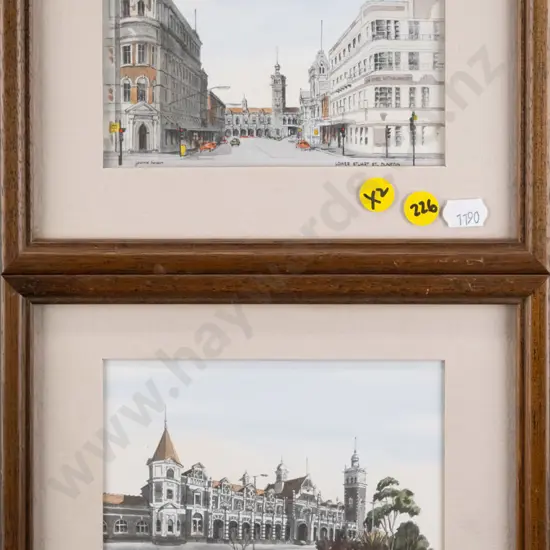 2x framed Yvonne Benson hand coloured prints - Dunedin Railway Station, Lower Stuart Street Each H-95 W-140