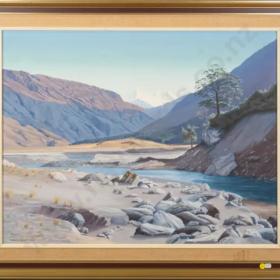 John P Gully '74 - framed acrylic - Mt Aspiring, Matukituki Valley H-540 W-700 (framing needs attention)