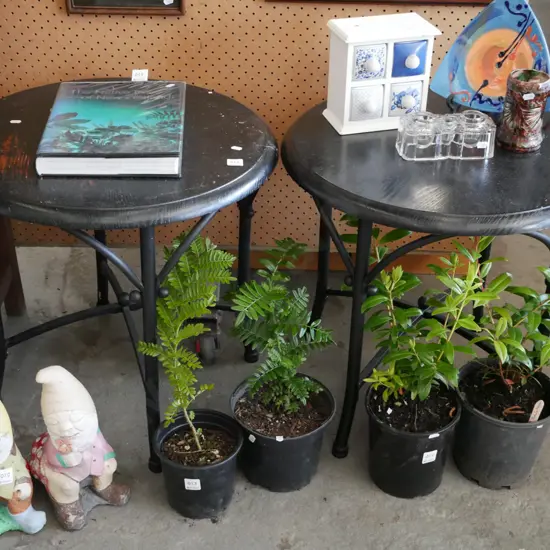 pair of metal and black painted circular end tables