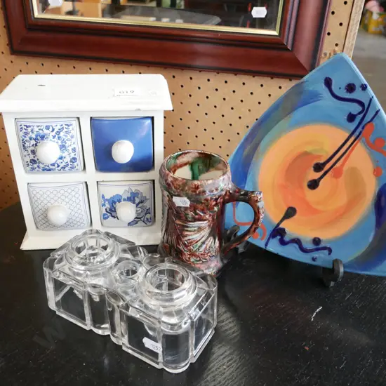 tiny chest of drawers, pottery tankard and plate, glass desk set