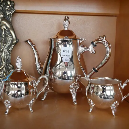 plated coffee pot, creamer, sugar