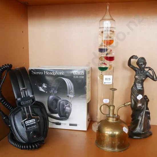 Galileo thermometer, headphones, figurine etc