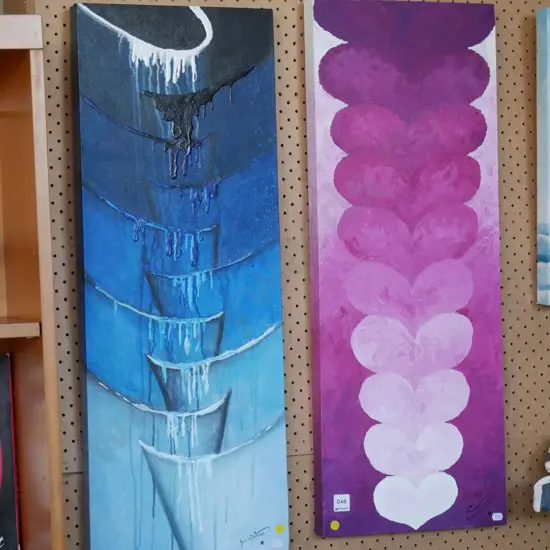 2x Joanne Redshaw - acrylics on boxed canvas - yellowd dots