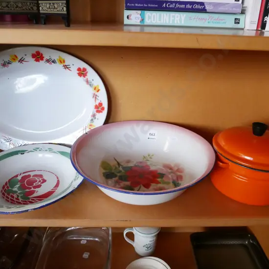 enamel lidded pot, bowls, plate