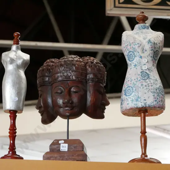 2x paper mache female mannequin torso stands, wooden 3 faced sculpture H-420
