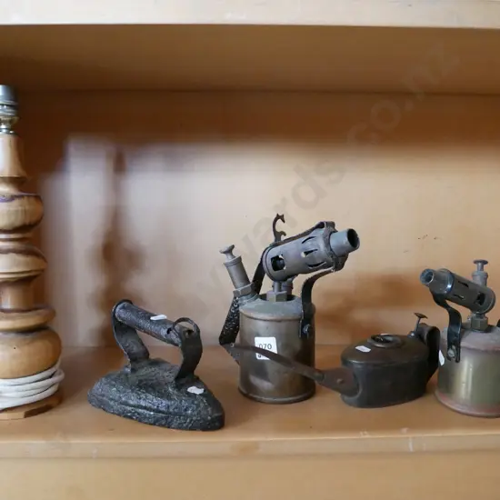 2x brass blow torches, oiler, sad iron, wooden table lamp base