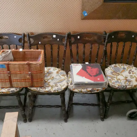 6x dark stained oak spindle back chairs - including 2 carvers