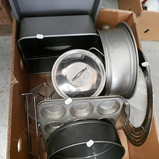 box; baking dishes, muffin trays, cake tins etc