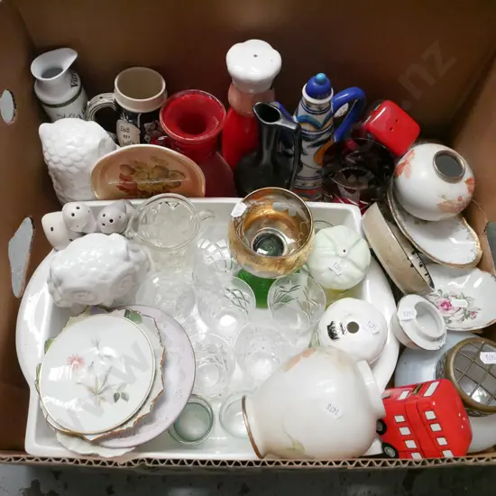 box; ornaments, glasses, dishes etc