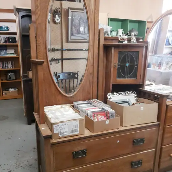 oak 2 drawer mirror back dresser/bench seat with cracked leadlight glass door