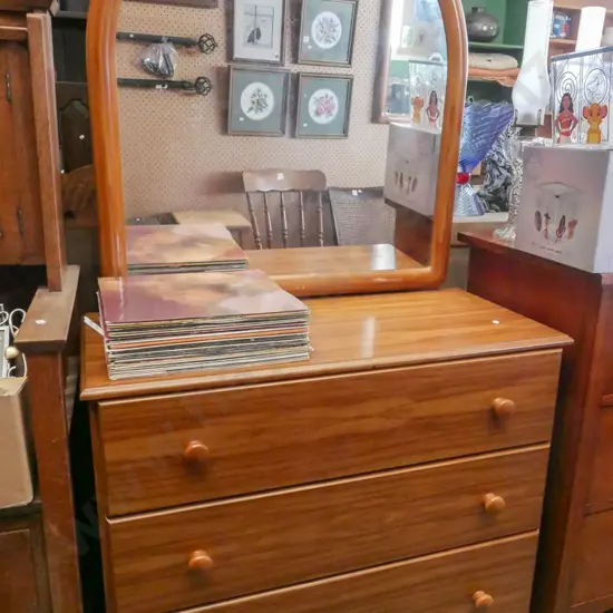 mdf faux wood veneer 3 drawer mirror back dresser H-1610 W-870 D-400