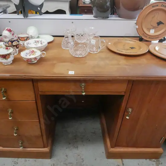 rimu kneehole study - 5 drawer 1 door - varnish needs attention H-755 W-1230 D-510