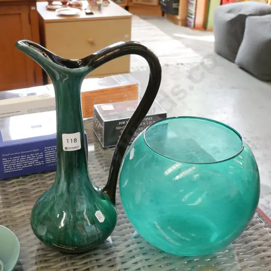 Blue Mountain ewer vase H-320, green glass bowl