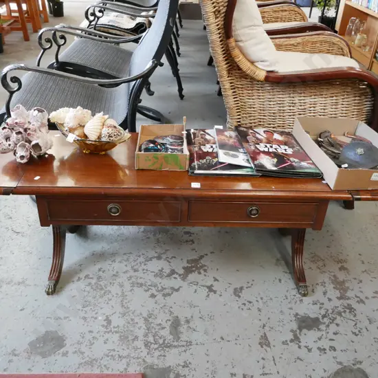 mahogany dropside extending coffee table with 2 drawers H-410 W-1400 D-400