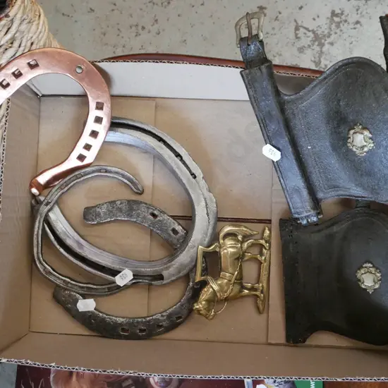 box; horse shoes, brasses, blinkers