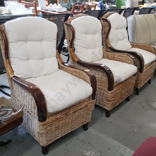 3x wood and cane upholstered armchairs
