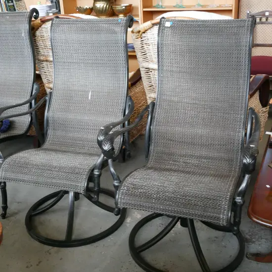  2x cast alloy with woven plastic outdoor chairs with swivel bases  - blue dots