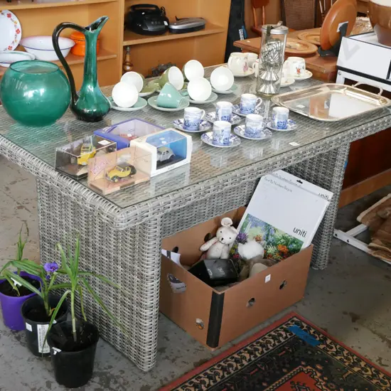 woven plastic outdoor table with glass top H-700 W-1440 D-800