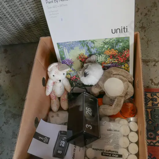 box; paint by numbers, reproduction alarm clock, tea light candles etc