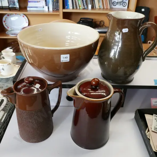 large mixing bowl - crack, wash jug, 2x coffee pots