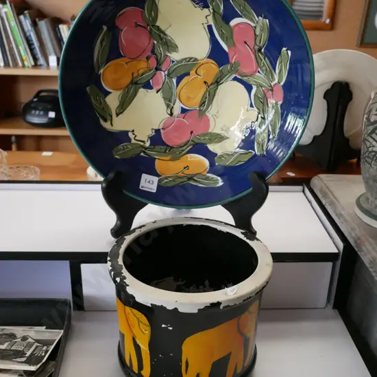 hand painted elephant themed jardiniere, large pottery fruit bowl Diam-350