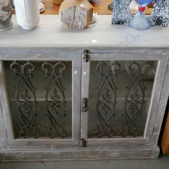 French themed painted pine 2x glazed door cabinet, with cast metal iron work, distressed paint finish