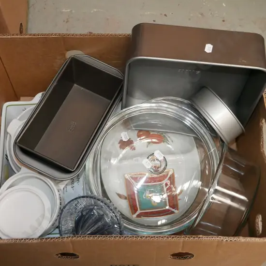 box; baking dishes, lemon squeezer, casseroles etc