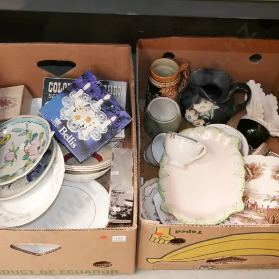 2x boxes; plates, bowls, cups etc - red dots