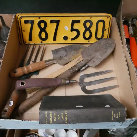 box; garden tools, book, number plates 