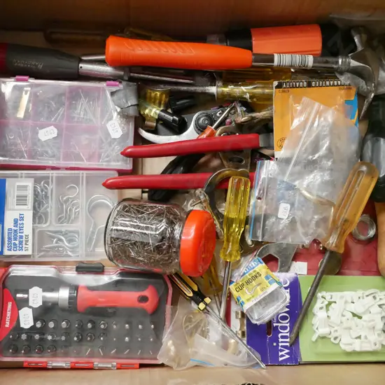 box; screwdrivers, hammers, hooks etc