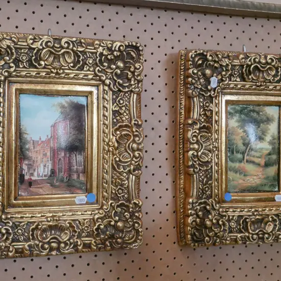 2x prints in ornate frames - blue dots