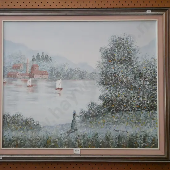 Robert Avery - framed oil - lake and monastery scene