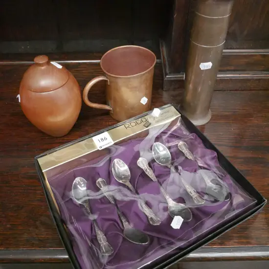 teaspoons, canister, copper mug, brass vase H-215