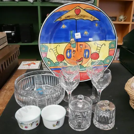 large plate, wine glasses, crystal bowl - chips etc