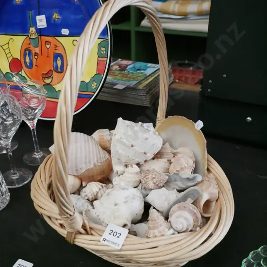 cane basket, seashells