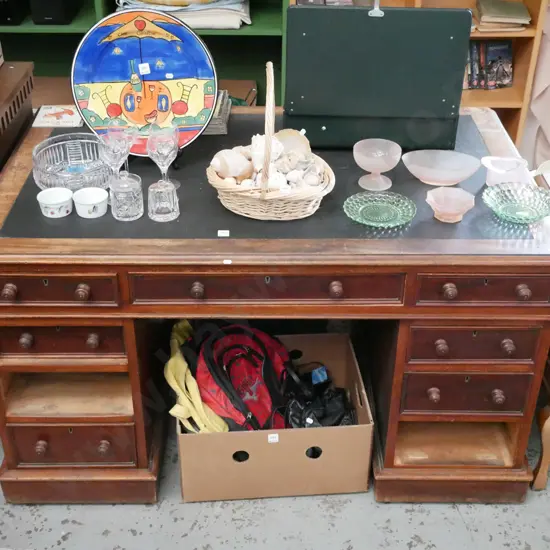 mahogany restorer's antique desk - missing 2 drawers, varnish needs attention 