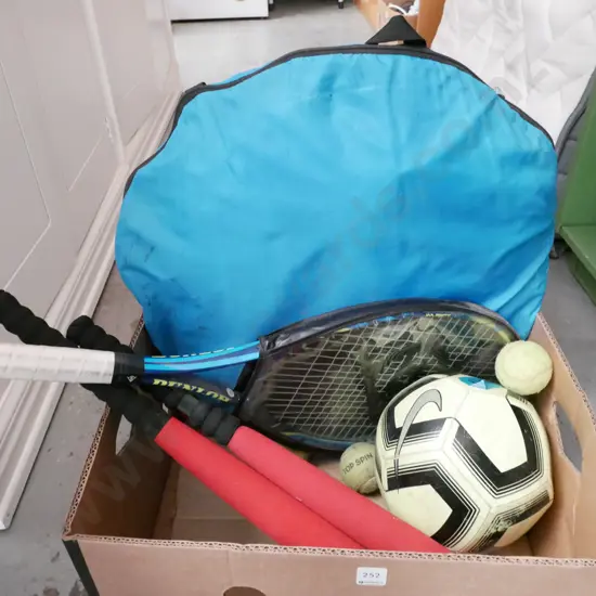 box; tennis balls, racket, beach sunshade etc
