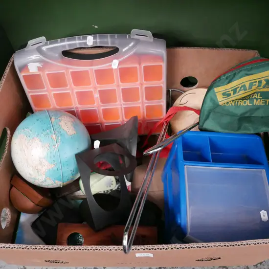 box; world globe, plastic organisers etc