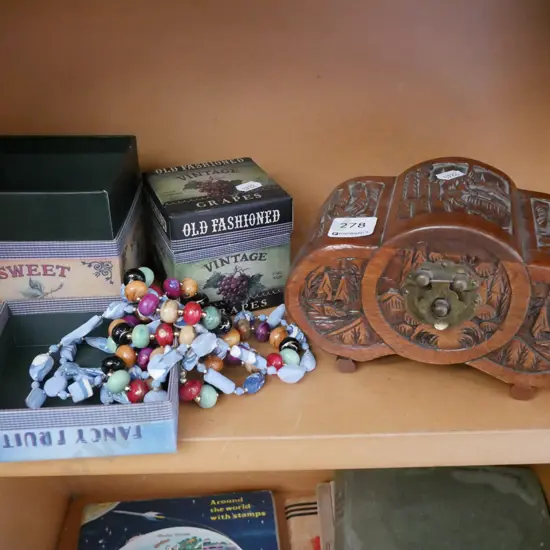 carved camphorwood jewellery box, necklaces etc