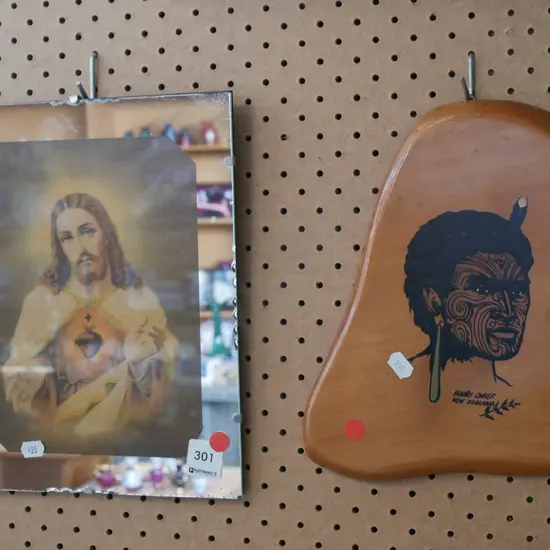 religious mirror print, print on wood - red dots