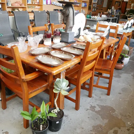 heavy solid pine dining chairs with 6 matching chairs, including 2 carvers - varnish damage