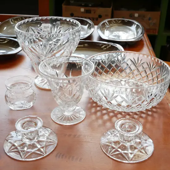cut crystal vases, bowl & candle sticks