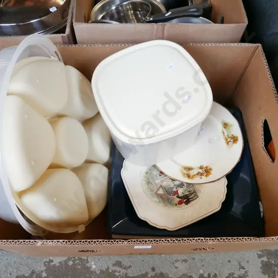 box; plastic storage containers, plates & serving dishes